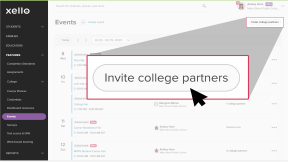 Educator account in Xello on the Events page. The cursor is clicking the Invite college partners button.